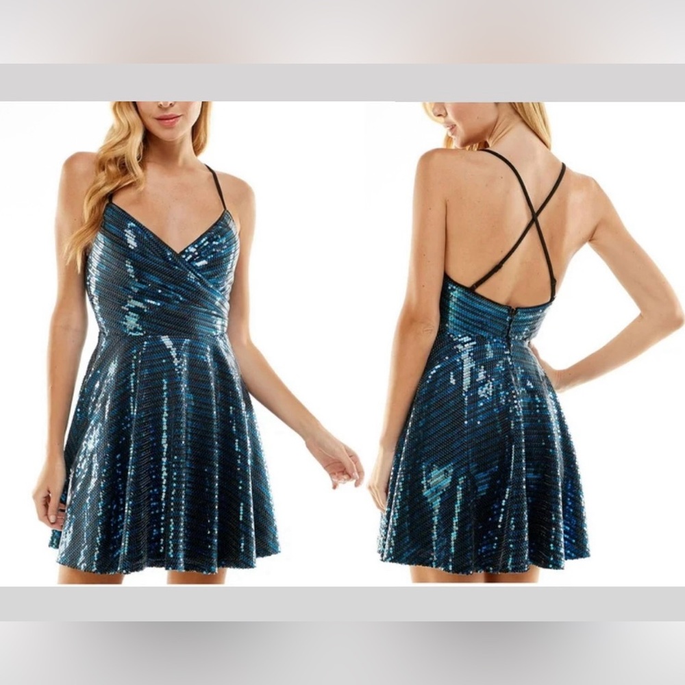 City Studio Women's Sequin Fit&FlareMini Dress Sleeveless Sapphire/Black | Sz 0